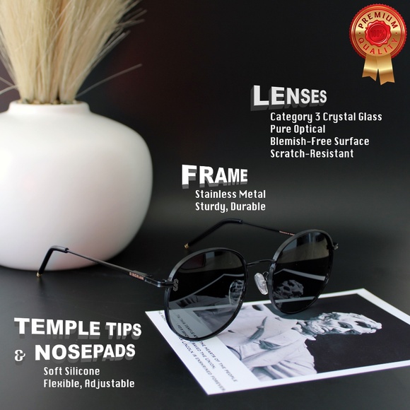 ??SIBERIAN 100% Real Glass Round BLACK Sunglasses Standard 52mm Unisex Premium main image 7